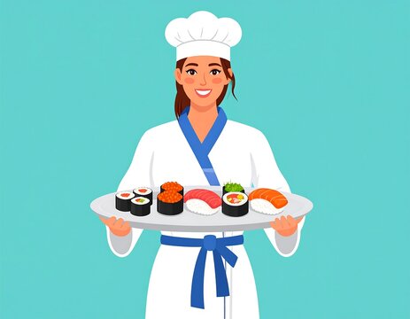 Cartoon chef presenting a plate of sushi with a smiling expression