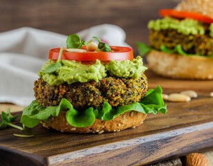 Delicious Veggie Burger with Avocado and Fresh Ingredients on a Wooden Board, Ready to Eat
