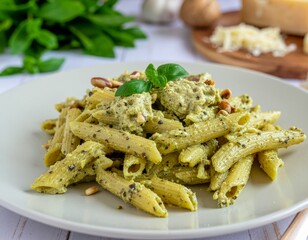 Delicious homemade penne pasta served on a white plate with fresh basil pesto sauce, pine nuts, and grated parmesan cheese