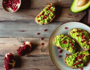Delicious avocado toast garnished with fresh pomegranate seeds and served on a rustic wooden table, a healthy and vibrant meal