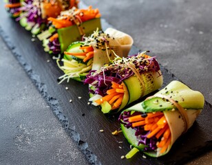 A row of fresh vegan cucumber rolls filled with shredded carrots, red cabbage, and sprouts, elegantly served on a dark slate platter