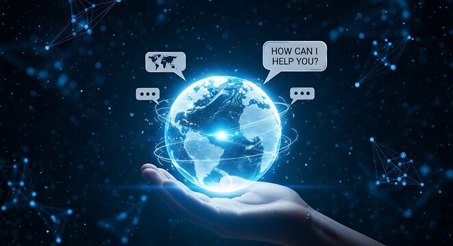 Global communication concept with a hand holding a glowing earth and speech bubbles in a dark environment
