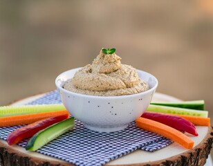 A healthy bowl of homemade creamy hummus with fresh vegetable sticks like carrot and cucumber, served as a rustic appetizer on a wooden slab