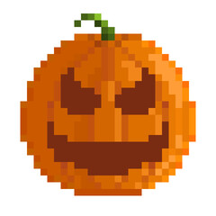 Obraz premium A colorful yet scary Halloween pumpkin in pixel art style. Designed with bright tones and a creepy expression, perfect for Halloween posters, icons, or digital decorations. Transparent background.