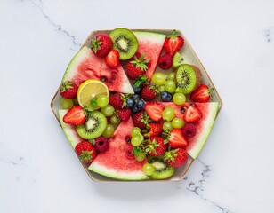 A vibrant top-down view of a fresh summer fruit platter featuring watermelon, kiwi, strawberries, and mixed berries on a white marble background