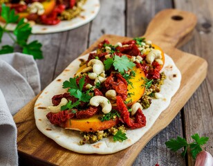 Rustic flatbread topped with sweet peaches, sun-dried tomatoes, and cashews, garnished with fresh herbs, offering a delightful blend of flavors for a healthy meal