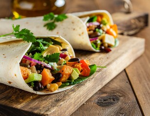 Delicious vegetarian burritos filled with fresh vegetables and herbs served on a rustic wooden board