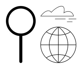 Magnifying glass, globe with latitude and longitude lines, and cloud elements. Ideal for research, exploration, discovery, education, geography innovation or connectivity. Simple flat metaphor