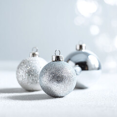 Elegant silver christmas ornaments sparkle softly against a blurred winter holiday background creating a festive mood.