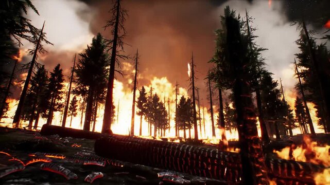Incandescent, colossal forest fire rages through an ancient conifer forest at night. Dynamic low-angle wide-video tracking. Destructive beauty and natural disaster