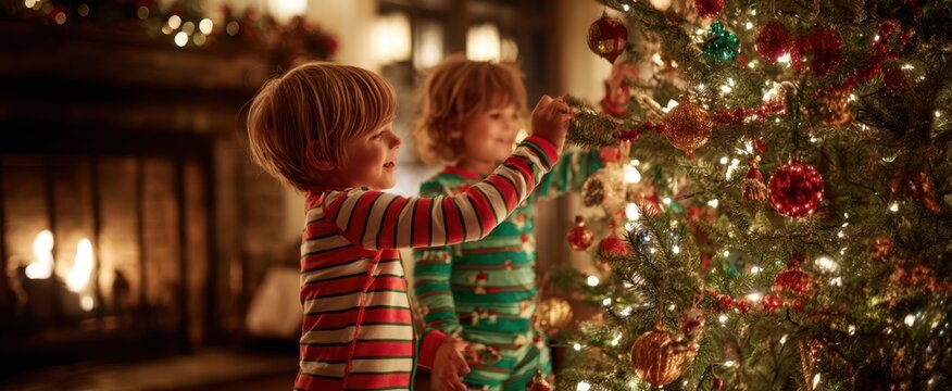 The Christmas tree and two children decorating in a cozy living room by fireplace