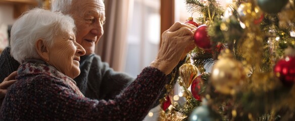 The elderly couple decorating a Christmas tree in a cozy living room together