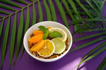 Healthy breakfast bowl with citrus fruits and granola on a vibrant purple background