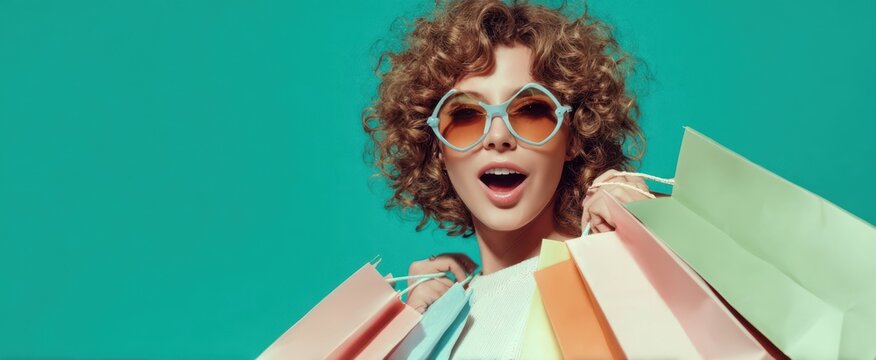 The woman with curly hair and sunglasses holding pastel shopping bags with joyful expression