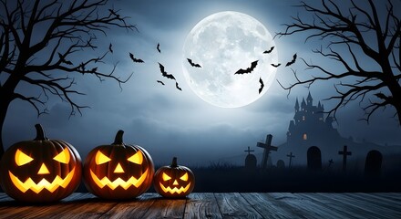 Fototapeta premium Spooky Halloween night scene with carved pumpkins, bats flying under a full moon, and a haunted house creating a chilling festive atmosphere