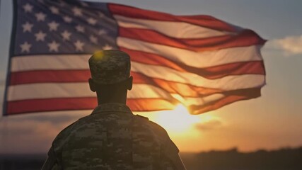 Soldier at Sunset with Flag Overlay - 4K Slow Motion - Veterans Day - Powered by Adobe
