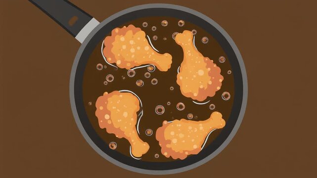 Golden fried chicken drumsticks sizzling in hot oil within a frying pan, presented as a vibrant top-down vector illustration, perfect for culinary and home cooking concepts