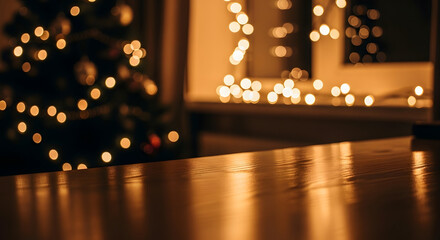 Warm holiday glow with bokeh lights and a reflective surface, perfect for festive celebrations and cozy winter scenes