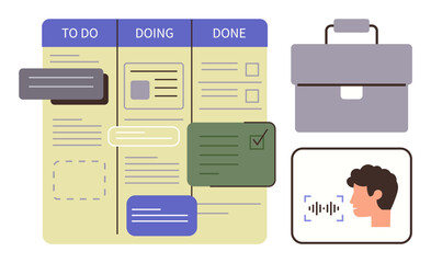 Task board with to-do, doing, done sections, suitcase, sound recognition, person speaking. Ideal for productivity, workflow, project management communication teamwork time management © robu_s