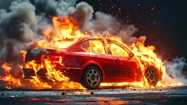 Red Car Engulfed in Intense Flames and Smoke at Night.