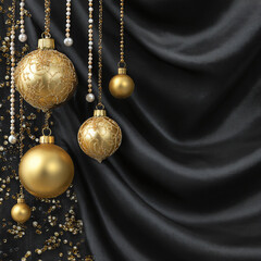 Golden christmas ornaments elegantly hang against luxurious black silk drapery creating a festive holiday atmosphere.