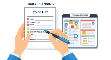 Hands writing on a to do list with a planner nearby