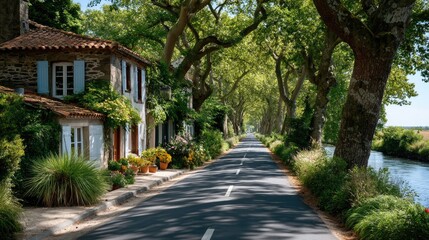 A Picturesque Tree Lined Rural Road With A Charming Stone Cottage and Canal on a Sunny Day