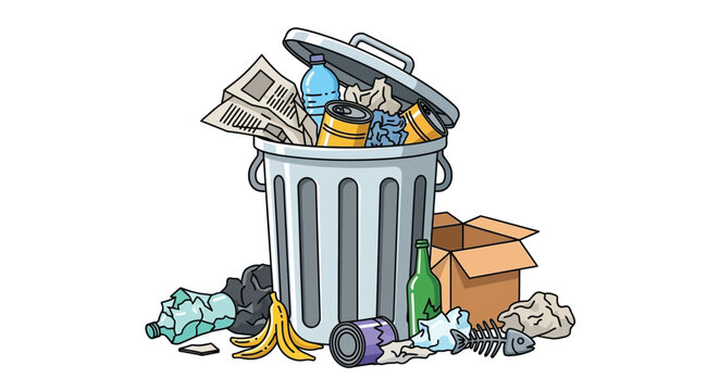 Overflowing trash can with various waste items and cardboard box