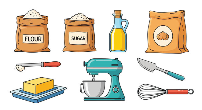 Baking ingredients collection flour sugar butter oil and kitchen tools