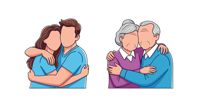 Illustrative depiction of two affectionate couples embracing warmly together