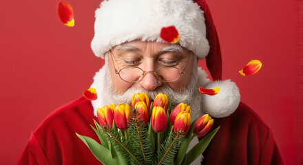 Santa Claus enjoying flowers with frost, perfect for flower business advertising and seasonal campaigns