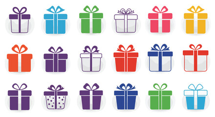 Colorful assortment of gift boxes with ribbons displayed in a grid pattern
