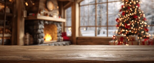 The Wooden Table in Cozy Rustic Cabin with Fireplace and Christmas Tree Bokeh