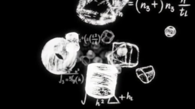 Luminous white intricate math equations, scientific formulas, geometric shapes scroll through dark abstract void with tracking video, abstract scientific principles