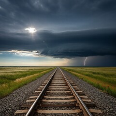 Fototapeta premium Dramatic stormy weather railroad tracks landscape