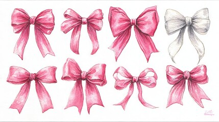 Fototapeta premium Watercolor pink bow set vector illustration PNG with satin ribbon bows tied in multiple styles girly elements for romantic decor hair accessories invitations scrapbooking and party packaging design