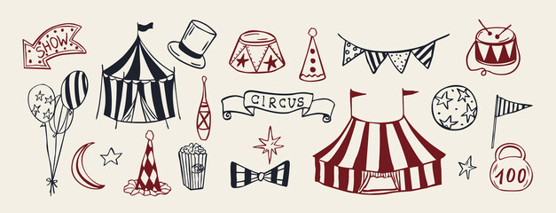 Hand drawn doodle circus elements. Vintage clipart