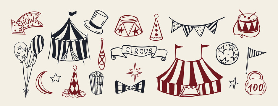 Hand drawn doodle circus elements. Vintage clipart