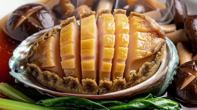 Steaming Hot Braised Abalone, a Luxury and Auspicious Dish for Chinese New Year's Eve, Symbolizing Wealth and Good Fortune