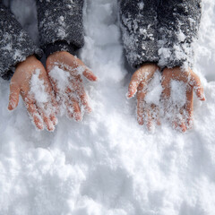 Hands gently collecting freshly fallen snow on a bright winter day evoking feelings of peaceful joy and wonder.