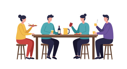 Four people enjoying a meal together at a wooden table