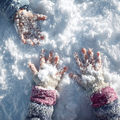 Children’s hands playfully pressing into fresh winter snow on a bright, sunny day creating joyful memories.