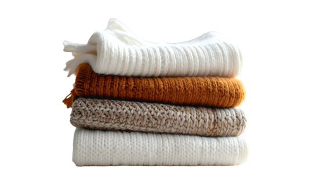 Stacked, folded knit sweaters. Soft, cozy winter clothing