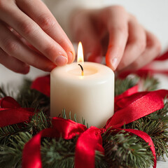 Lighting a candle on advent wreath with festive evergreen and red ribbon evokes peaceful holiday traditions.