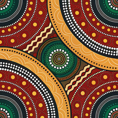 Aboriginal art painting with traditional symbols and patterns in earth tones