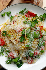 Spaghetti pasta composition top view autumn vibe