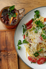 Spaghetti pasta composition top view autumn vibe