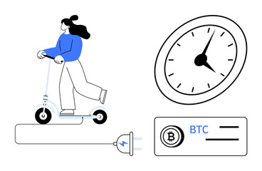 Woman riding an electric scooter, a charging plug symbolizing energy, a clock for time, and a cryptocurrency element labeled BTC. Ideal for energy, mobility, crypto, time, finance technology modern