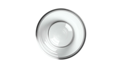 Overhead view of a layered, clear glass object on black