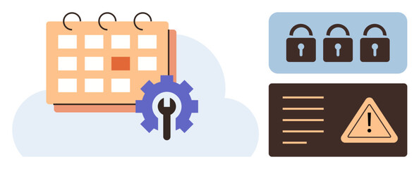 Calendar with gear for scheduling, locks for security, warning sign for alert, cloud backdrop. Ideal for task organization, cybersecurity, risk management, planning, system alerts IT workflows
